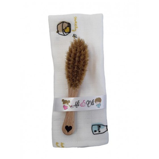 LULLALOVE KIT BRUSH WITH NATURAL HAIR + muslin WASHER HONEY