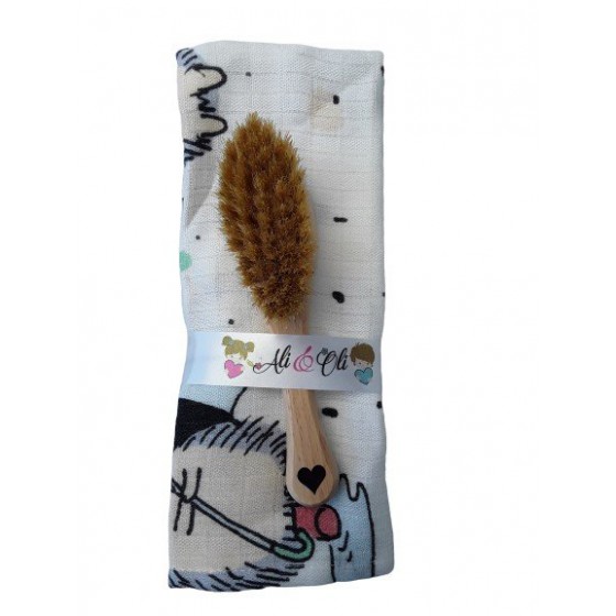 LULLALOVE KIT BRUSH WITH NATURAL HAIR + muslin WASHER hedgehogs