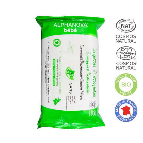 Alphanova Bebe, organic wipes with biodegradable oil, 60 pcs.