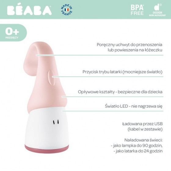 BEABA portable LED night light with a flashlight shining Pink