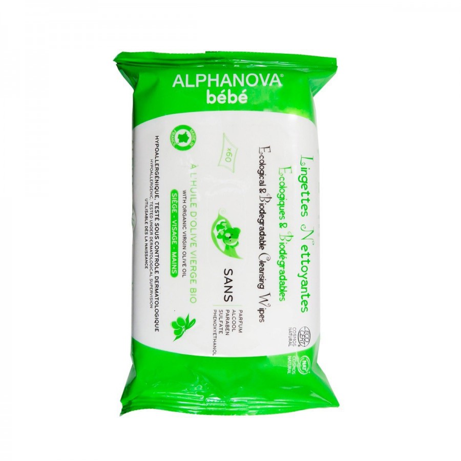Alphanova Bebe, organic wipes with biodegradable oil, 60 pcs.