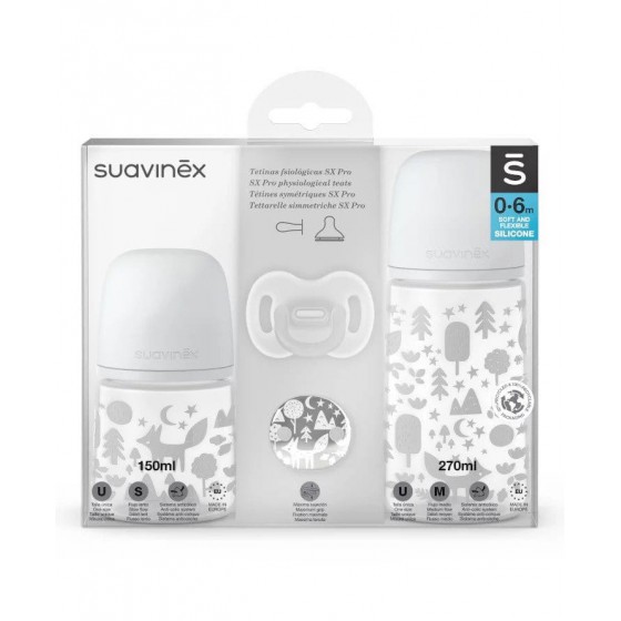 SUAVINEX Ein 150 ml Flaschen-Set + 270 ml Flaschen-Set + 0-6 Flaschen mit Silikon + Grau-Fox-Clip