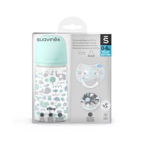 SUAVINEX Set di bottiglie da 270 ml + tubi da 0-6 m + clip blu