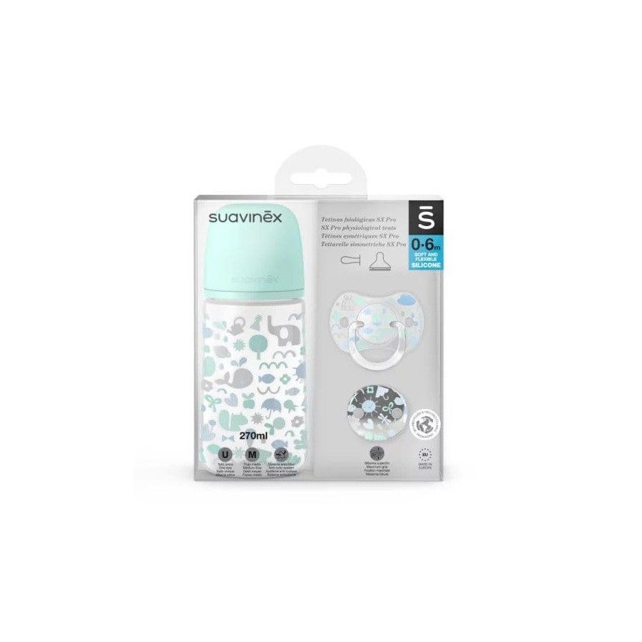 SUAVINEX Set di bottiglie da 270 ml + tubi da 0-6 m + clip blu