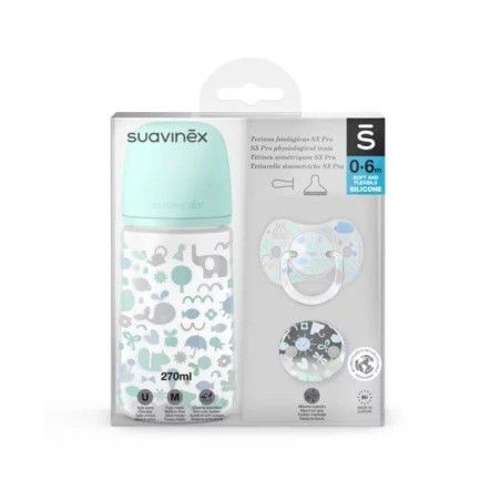SUAVINEX Set Flasche 270 ml + Sauger 0-6 m + Clip |blau |Erinnerungen