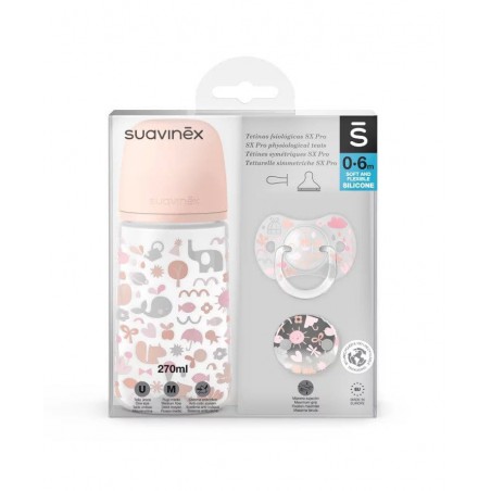 SUAVINEX A set of 270ml bottles and a set of 0-6m suction cups and a pink clip