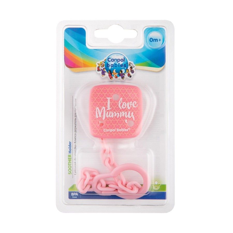 Canpol babies chain for soothing pacifier I LOVE MUMMY pink