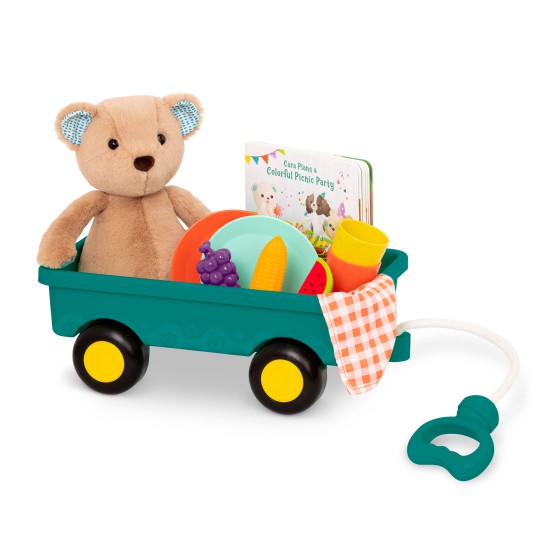 B.toys HappyHues Cara-Mellow Bear Playset- wagonik z misiem, książką i zestawem piknikowym -